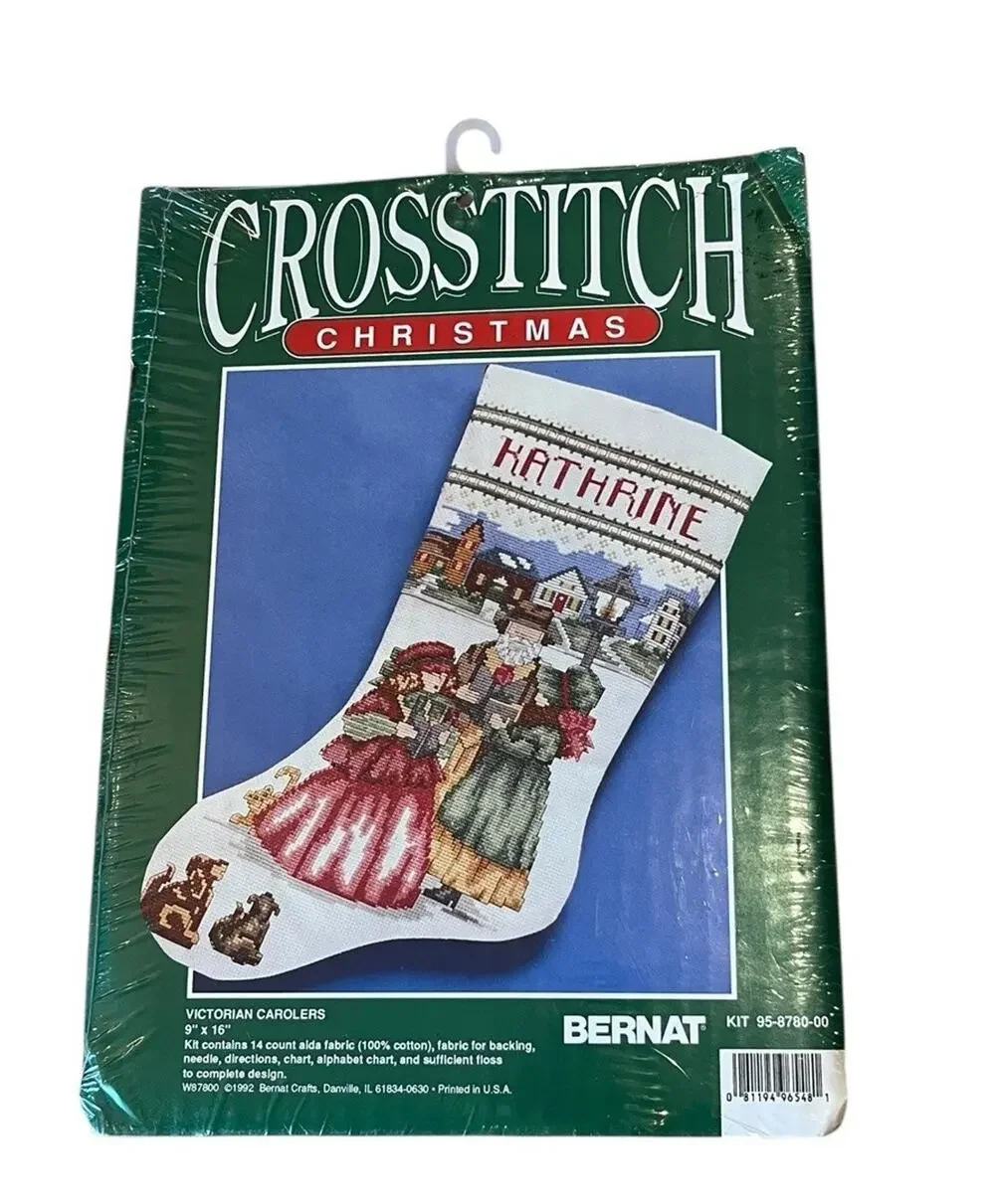 Vtg 1992 Bernat Cross Stitch Christmas Stocking Kit Victorian Carolers 9x16” USA
